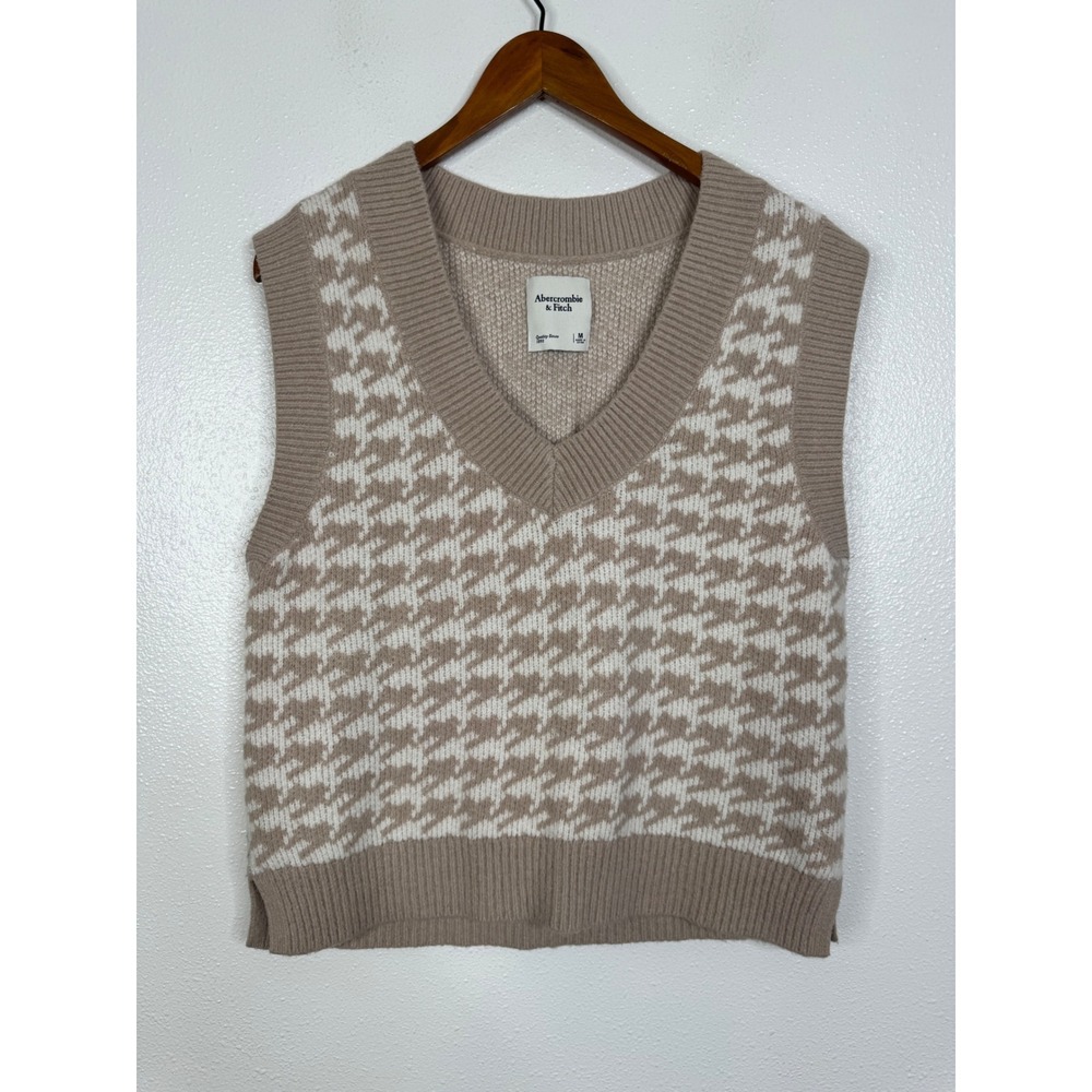 Abercrombie & Fitch Tan Houndstooth V-Neck Sweater Vest Womens Medium Preppy